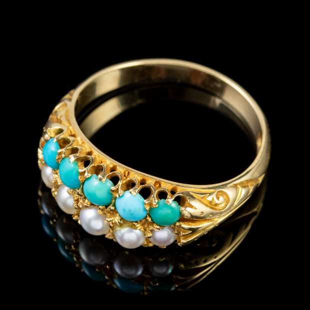 Antique Victorian Turquoise Pearl Ring 18Ct Gold Circa 1880