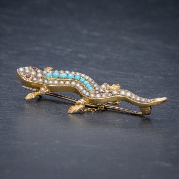 Antique Victorian Turquoise Pearl Salamander Brooch 15Ct Gold Circa 1890