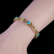 Antique Victorian Turquoise Pearl Shamrock Curb Bracelet 15Ct Gold Circa 1880