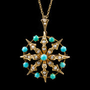 Antique Victorian Turquoise Pearl Star Pendant Necklace 9Ct Gold Circa 1890