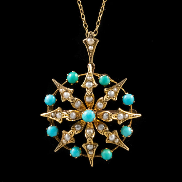 Antique Victorian Turquoise Pearl Star Pendant Necklace 9Ct Gold Circa 1890