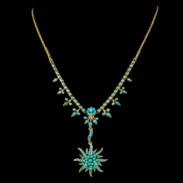 Antique Victorian Turquoise Sun Pendant Lavaliere Necklace 15Ct Gold Circa 1900