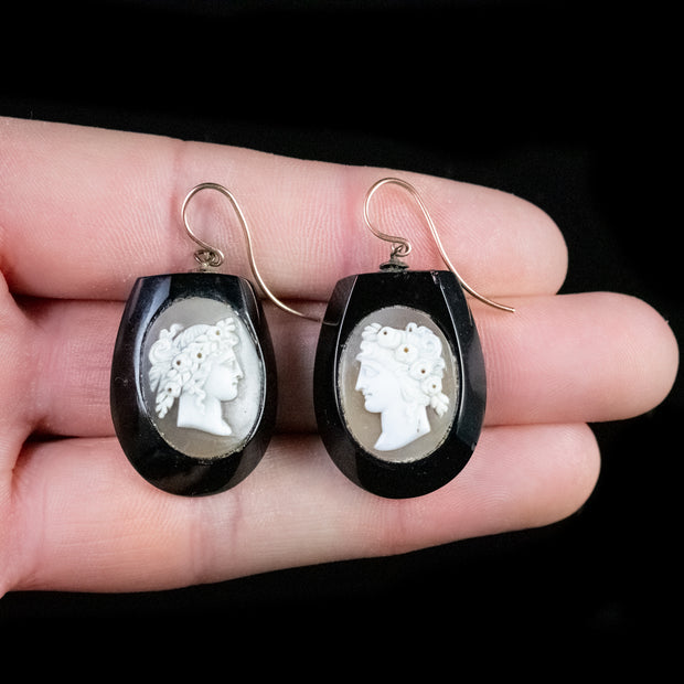 Antique Victorian Whitby Jet Cameo Earrings 9Ct Gold Circa 1880