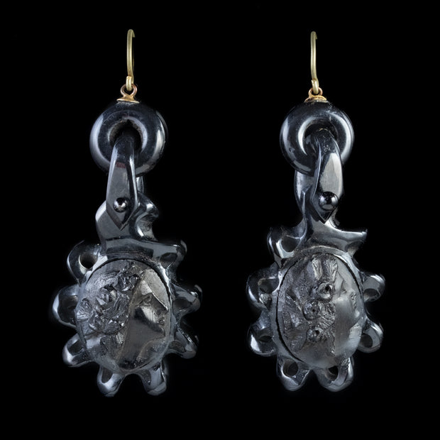 Antique Victorian Whitby Jet Cameo Drop Earrings Circa 1860