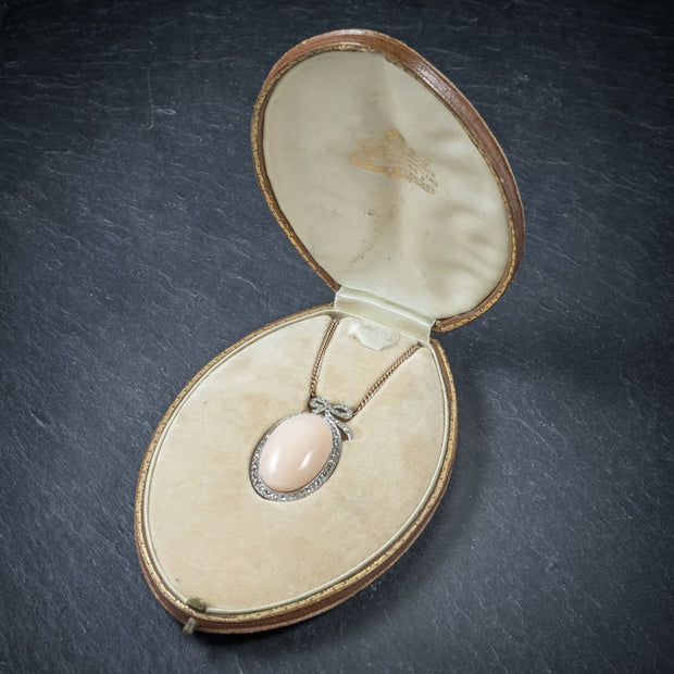 Edwardian Necklace - Boxed Coral & 2.50Ct Diamond 18Ct Pendant Necklace