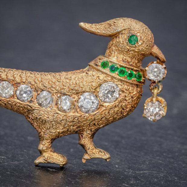 Antique Edwardian Pheasant Brooch Diamond Emerald 18Ct Gold Circa 1910