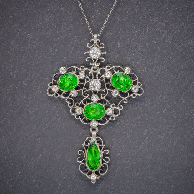 Antique Victorian Pendant Necklace Green Paste Stone Silver Circa 1900