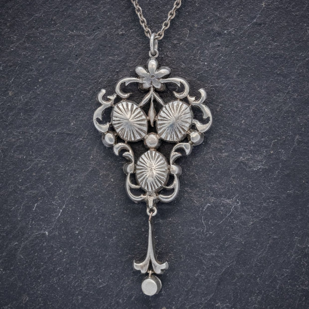 Antique Edwardian Pendant Necklace Paste Stone Silver Circa 1910