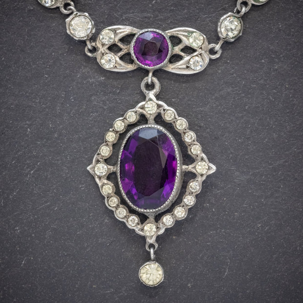 Antique Edwardian Purple Paste Stone Lavaliere Necklace Silver Circa 1910
