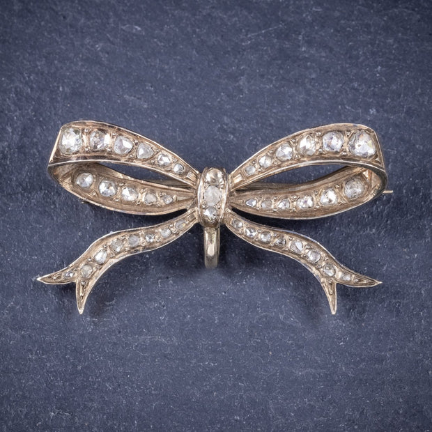 Antique Edwardian Rose Cut Diamond Bow Brooch 18Ct Gold Circa 1910 Boxed
