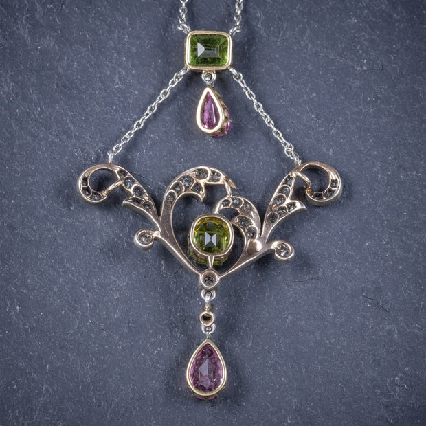 Antique Edwardian Suffragette Pendant Necklace Diamond Peridot Spinel Platinum Circa 1915