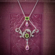 Antique Edwardian Suffragette Pendant Necklace Diamond Peridot Spinel Platinum Circa 1915