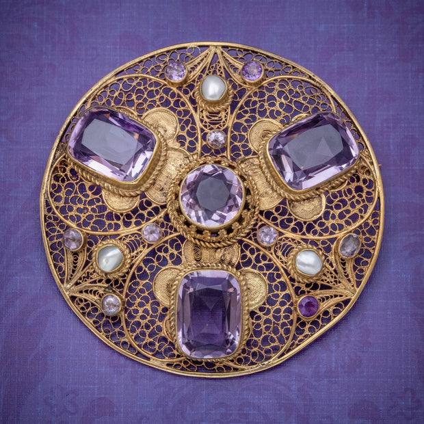 Antique Victorian Purple Spinel Brooch Pearl 18Ct Gold Silver Circa 1900