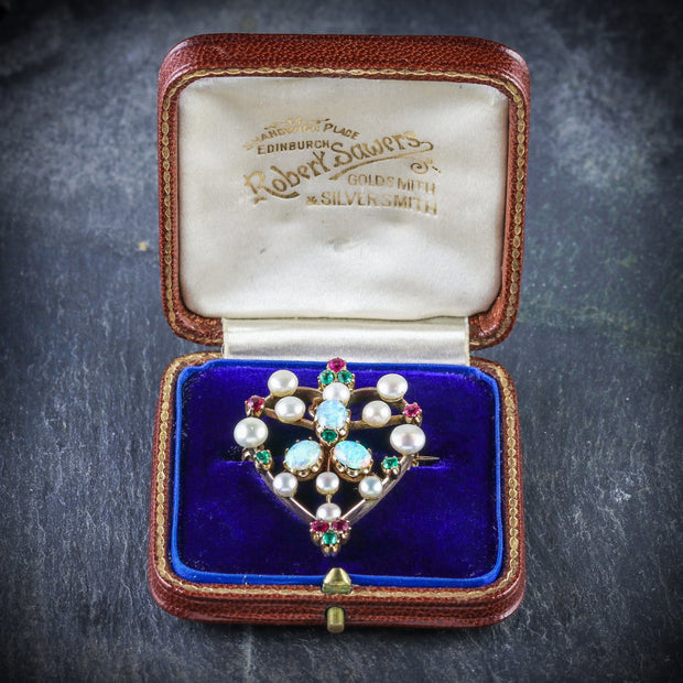Antique Victorian Brooch Emerald Ruby Pearl Opal 18Ct Gold Circa 1900