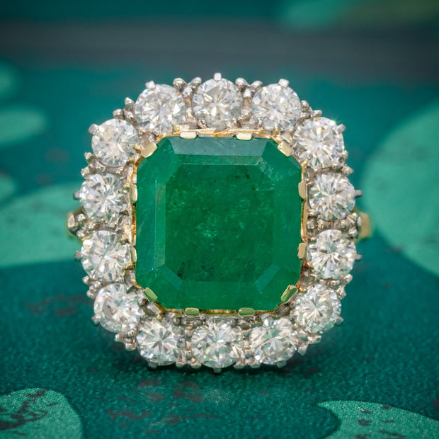 Art Deco Emerald Diamond Cluster Ring 18ct Gold 4.50ct Emerald Circa 1920