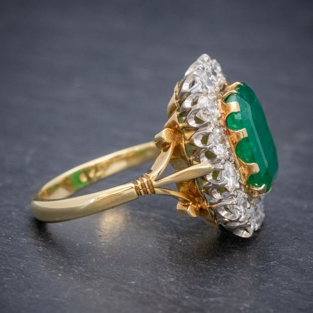 Art Deco Emerald Diamond Cluster Ring 18ct Gold 4.50ct Emerald Circa 1920