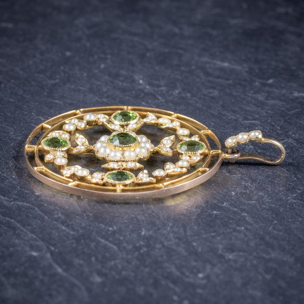 Antique Victorian Floral Peridot Pearl Pendant 18Ct Gold Circa 1900