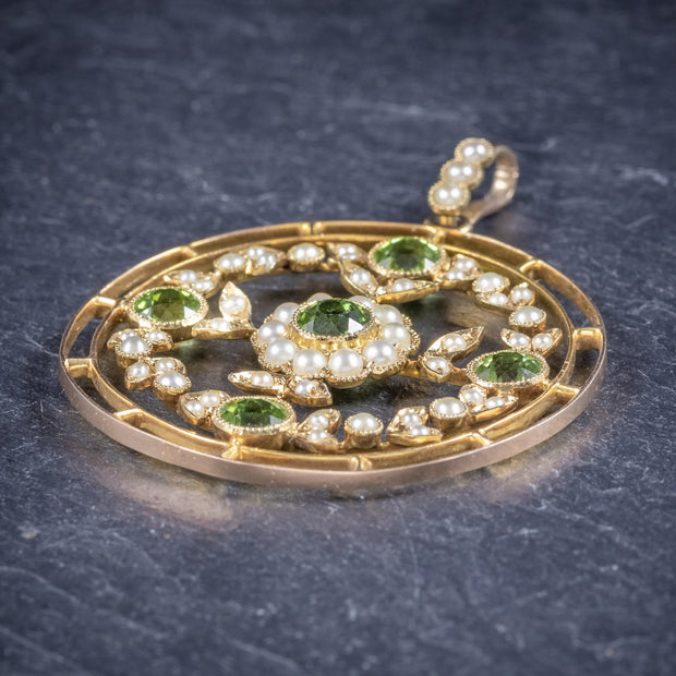 Antique Victorian Floral Peridot Pearl Pendant 18Ct Gold Circa 1900
