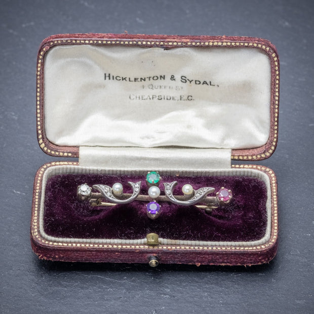 Antique Victorian Gemstone Dearest Brooch 18Ct Gold Circa 1900 Boxed