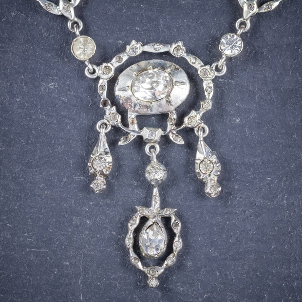 Antique Georgian Paste Silver Lavaliere Necklace with Box