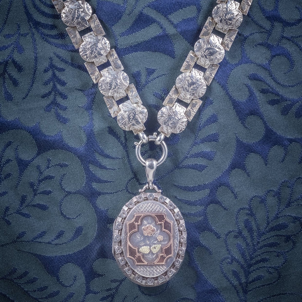 Antique Victorian Silver Locket Collar Forget Me Not Necklace Circa 1860