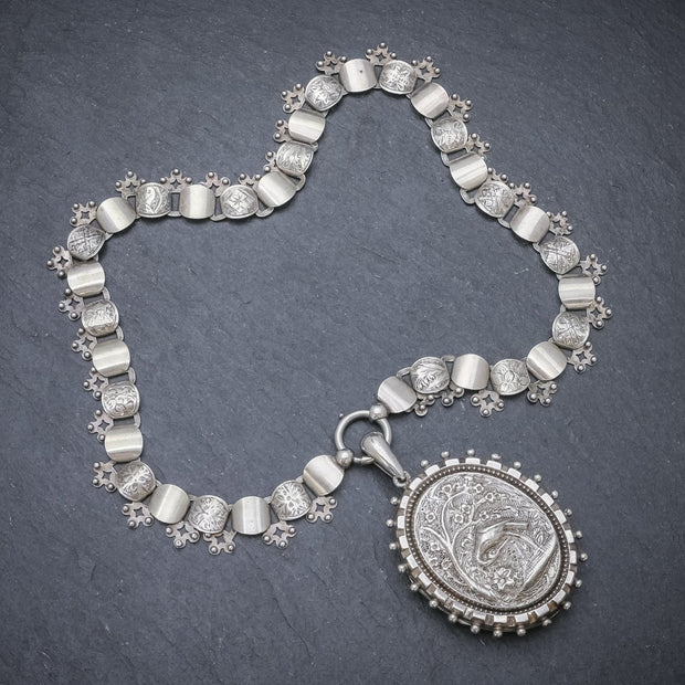 Antique Victorian Stork Locket Collar Sterling Silver Necklace Circa 1900
