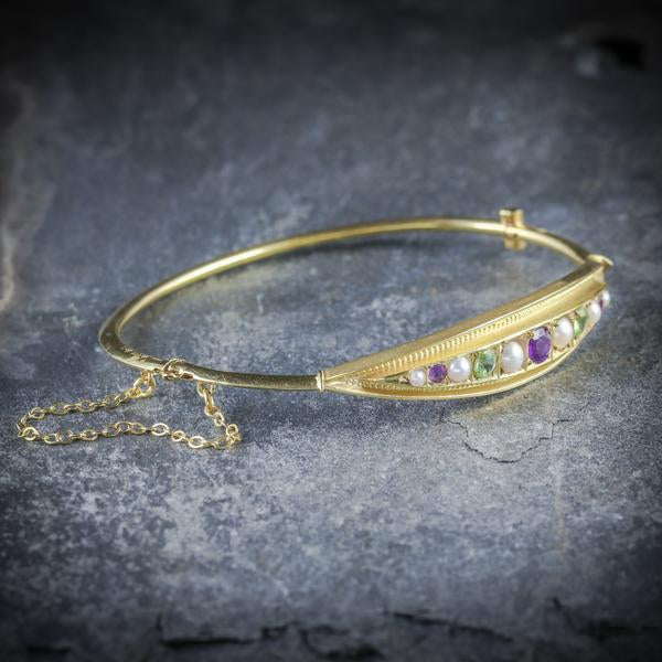 Antique Edwardian Suffragette Bangle Amethyst Pearl Peridot Dated 1914