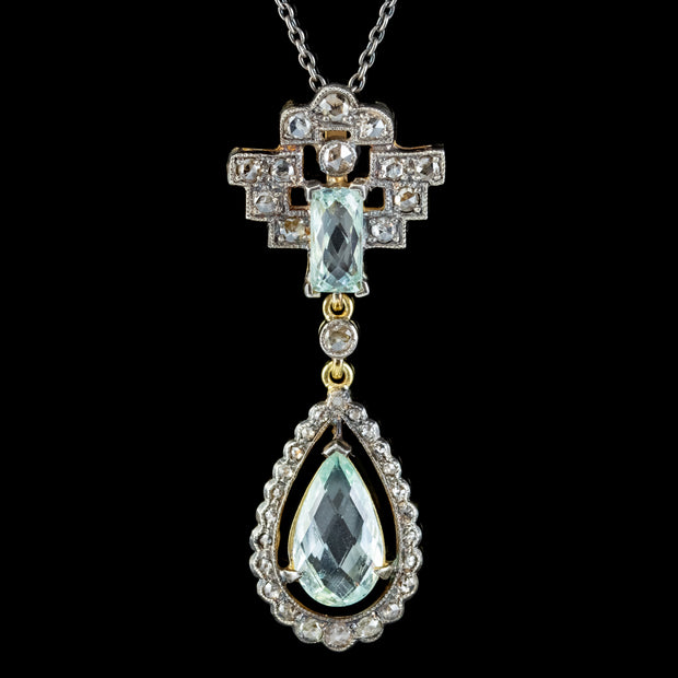 Art Deco Style Aquamarine Diamond Pendant Necklace Silver 18ct Gold 3.30ct Of Aqua