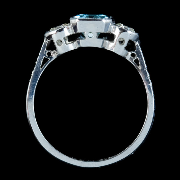 Aquamarine Diamond Trilogy Ring Platinum 1.80ct Emerald Cut Aqua 0.60ct Of Diamond