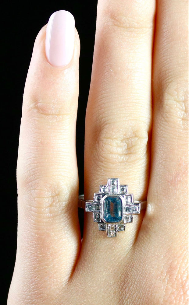 Aquamarine Princess Cut Diamond 18Ct White Gold Ring Emerald Cut