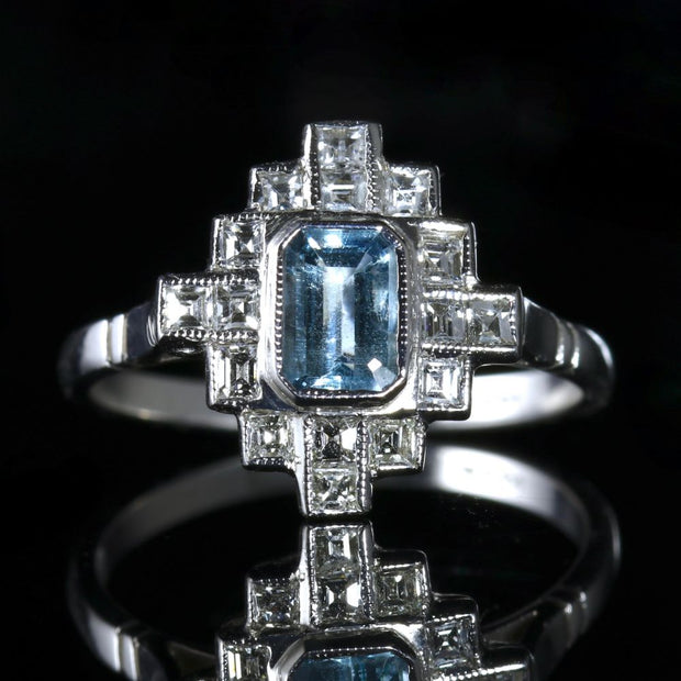 Aquamarine Princess Cut Diamond 18Ct White Gold Ring Emerald Cut