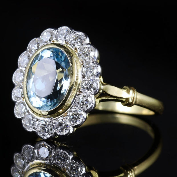 Aquamarine Diamond Cluster Ring 18Ct Gold