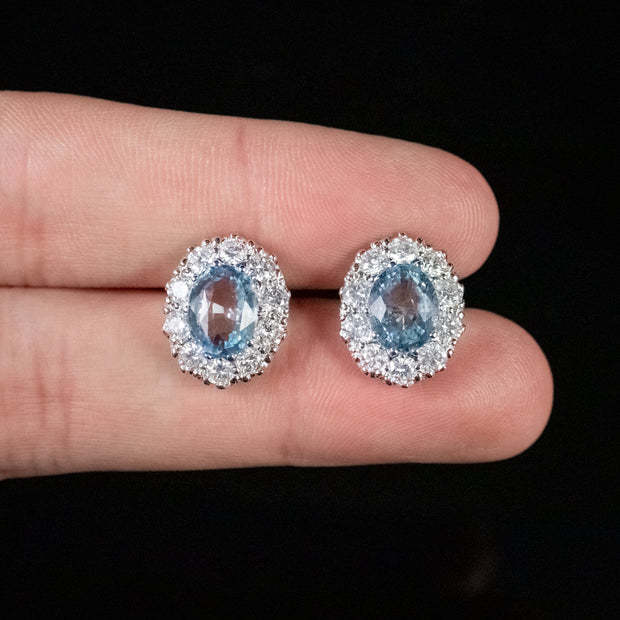 Aquamarine Diamond Cluster Stud Earrings 18Ct Gold 3.78Ct Aquamarine 1.50Ct Diamond