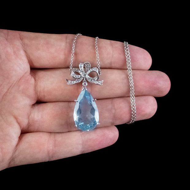 Aquamarine Diamond Pendant Lavaliere Necklace Platinum 20Ct Pear Cut Aqua