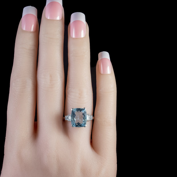 Aquamarine Diamond Ring Platinum 5.4Ct Briolette Cut Aqua Vs1 Clarity Diamonds