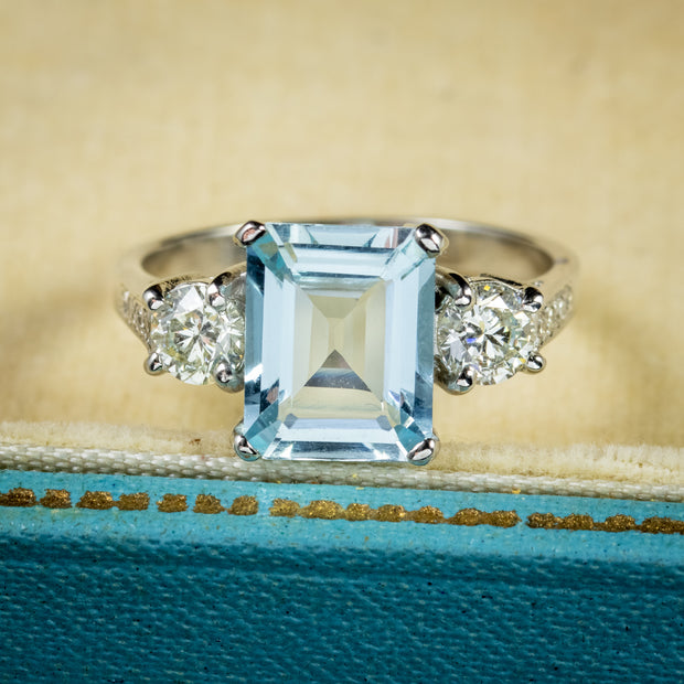 Aquamarine Diamond Trilogy Ring Platinum 3.80Ct Aqua