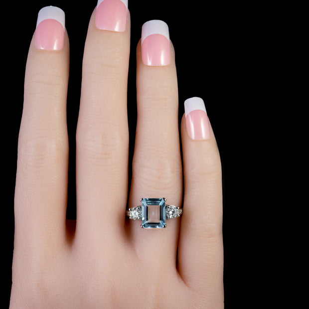 Aquamarine Diamond Trilogy Ring Platinum 3.80Ct Aqua