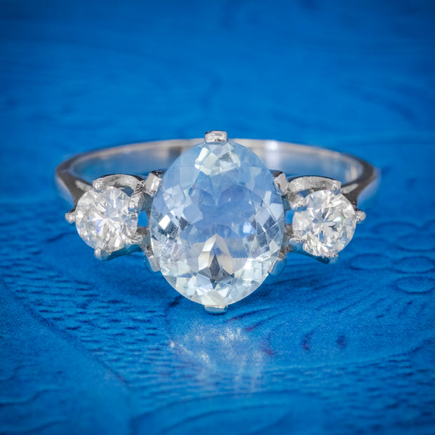 Aquamarine Diamond Trilogy Ring Platinum 3Ct Aqua 0.50Ct Diamond