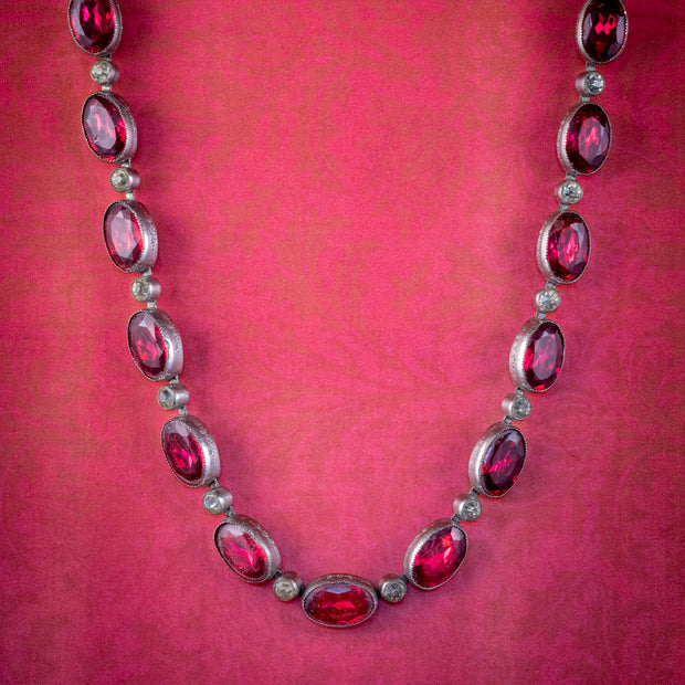 Art Deco Red Paste Riviere Necklace Silver Circa 1920