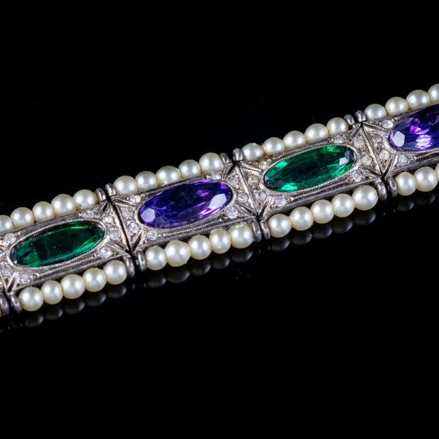 Art Deco Suffragette Pearl Paste Bracelet Sterling Silver Circa 1920