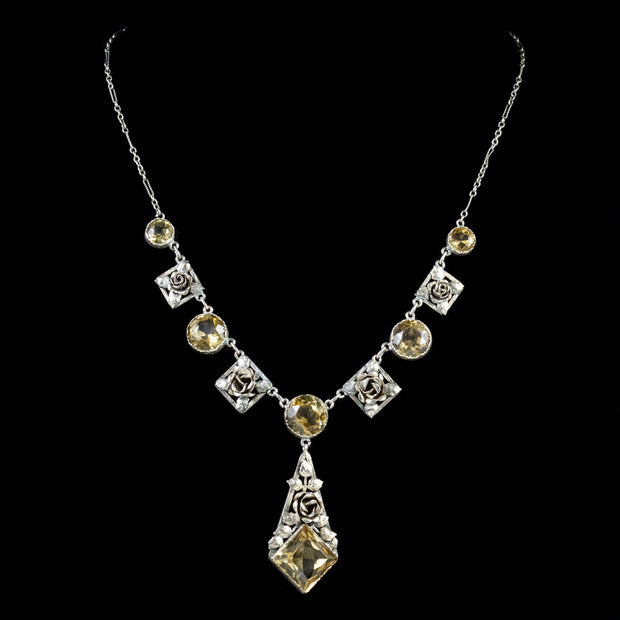 Arts And Crafts Citrine Floral Lavaliere Necklace Silver Circa 1930