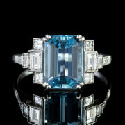 Art Deco Aquamarine Diamond Ring 18Ct White Gold 3.50Ct Aqua