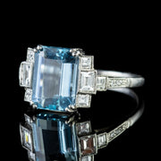Art Deco Aquamarine Diamond Ring 18Ct White Gold 3.50Ct Aqua