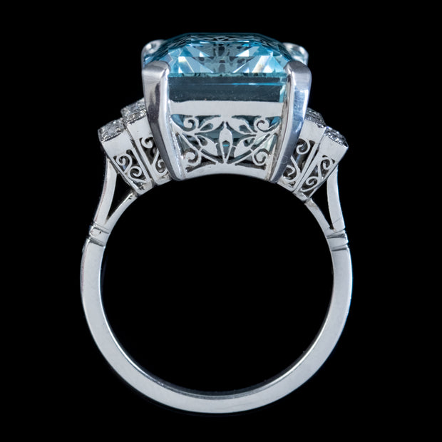 Art Deco Aquamarine Diamond Ring Platinum 13.17Ct Emerald Cut Aqua Circa 1920