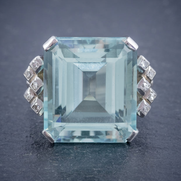 Art Deco Aquamarine Diamond Cocktail Ring 25ct Aqua front