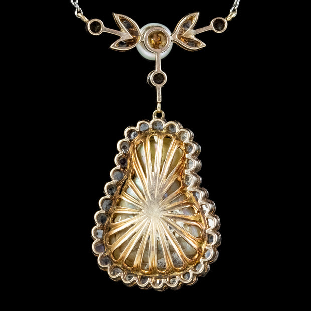 Art Deco Baroque Pearl Diamond Lavaliere Necklace back