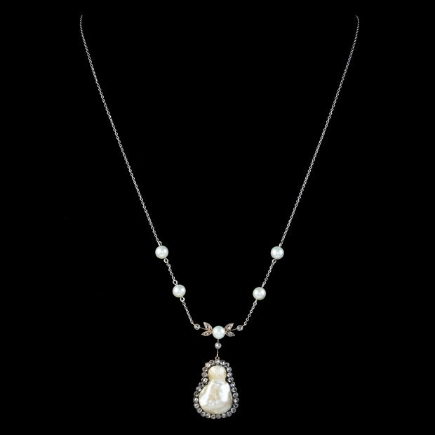 Art Deco Baroque Pearl Diamond Lavaliere Necklace front 2
