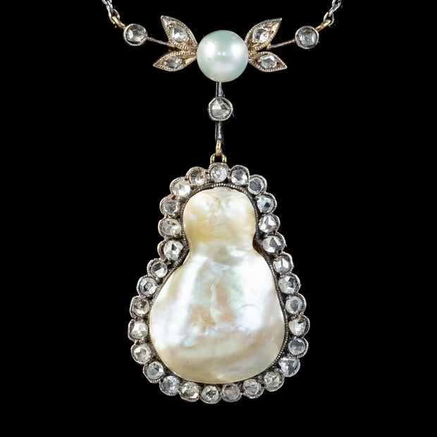 Art Deco Baroque Pearl Diamond Lavaliere Necklace close