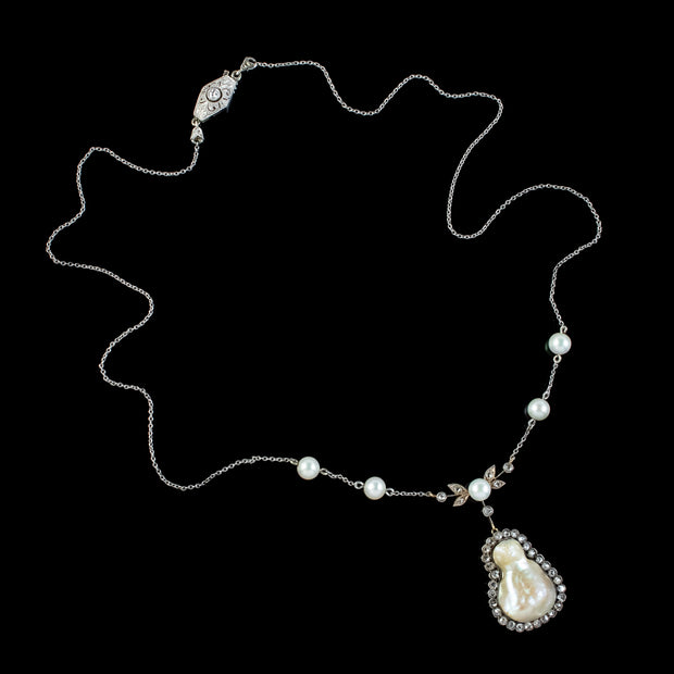 Art Deco Baroque Pearl Diamond Lavaliere Necklace chain