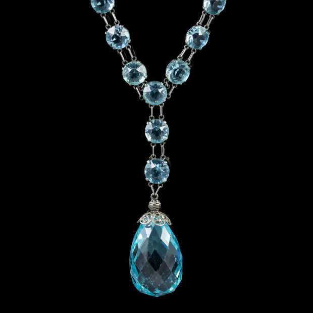Art Deco Blue Paste Stone Dropper Necklace Silver Circa 1920